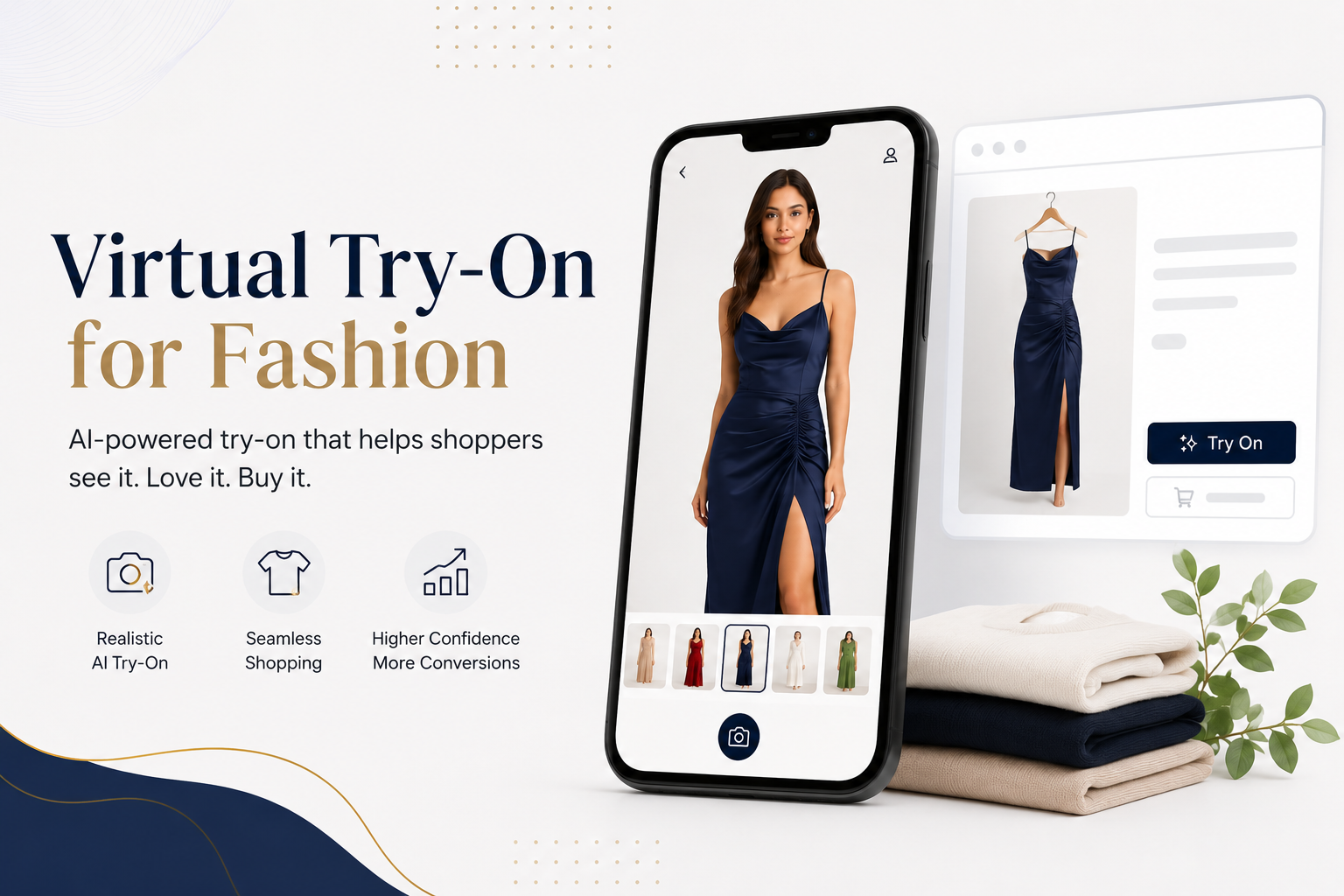 Modern AI virtual try-on fashion app cover image showing a smartphone with a woman modeling a navy blue dress, surrounded by minimalist e-commerce UI elements, folded clothing, and elegant navy and gold design accents on a clean white background.