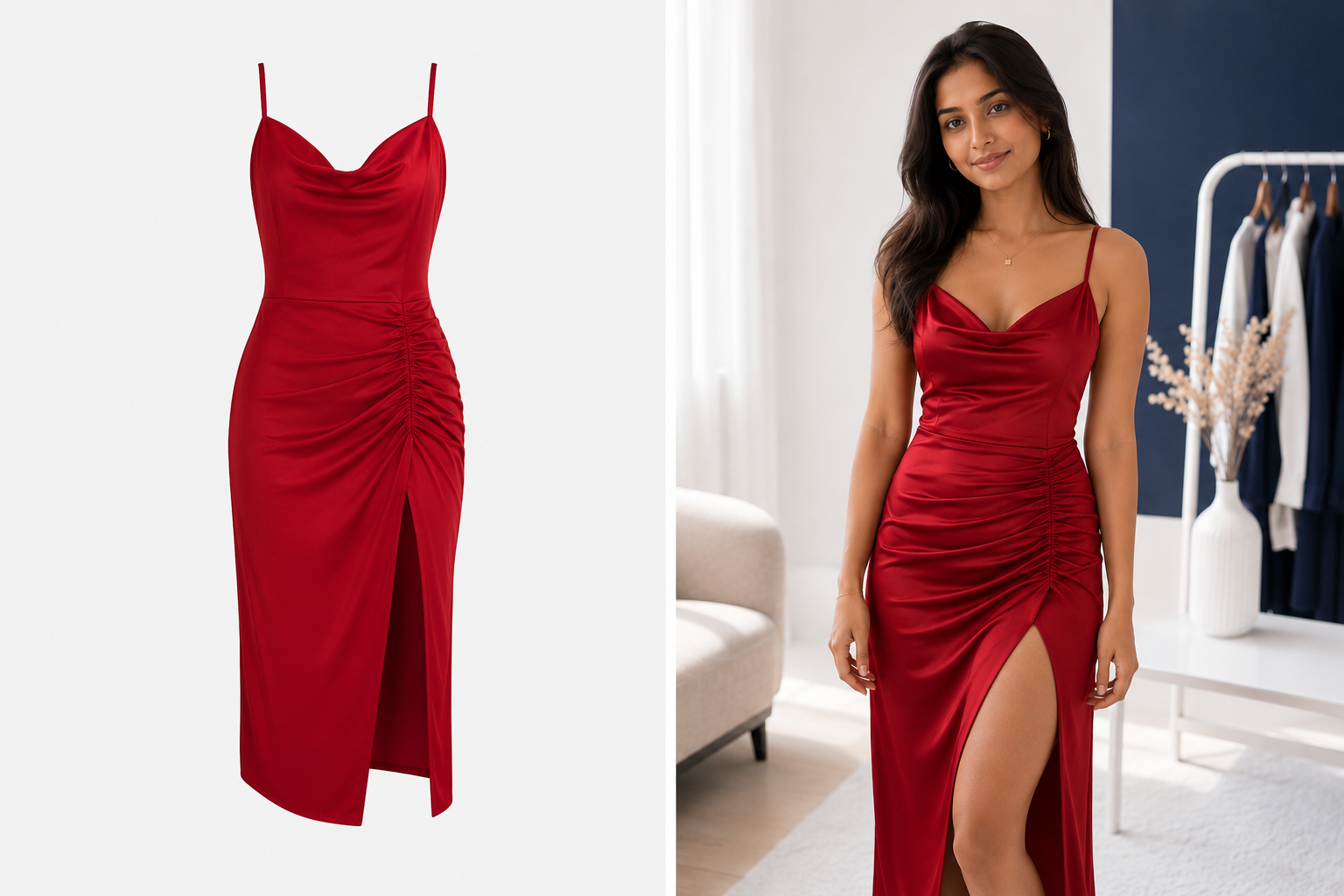 AI virtual try-on result showing before and after on Shopify product page