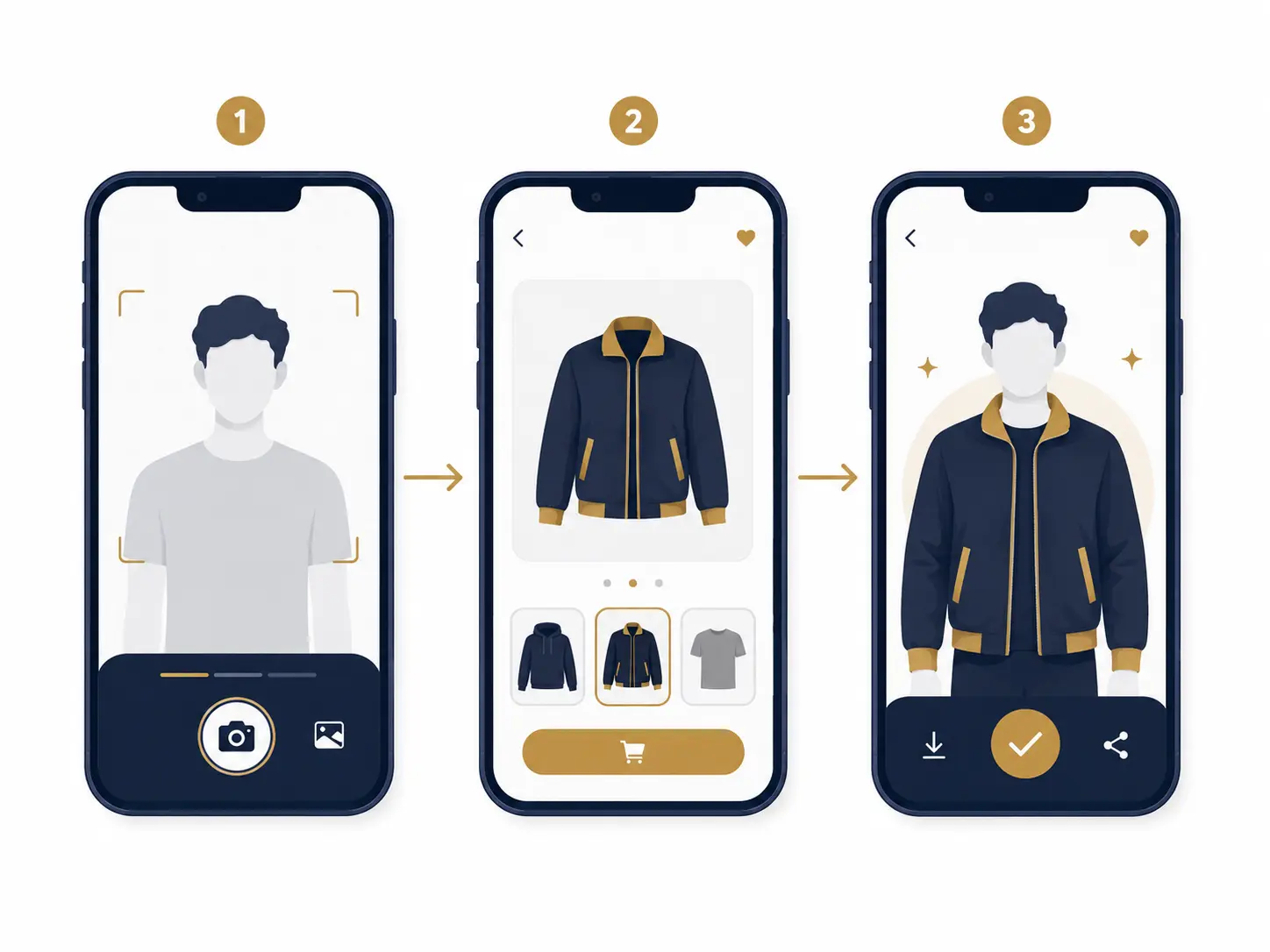 AI virtual try-on process on Shopify showing photo upload, product selection, and generated preview steps