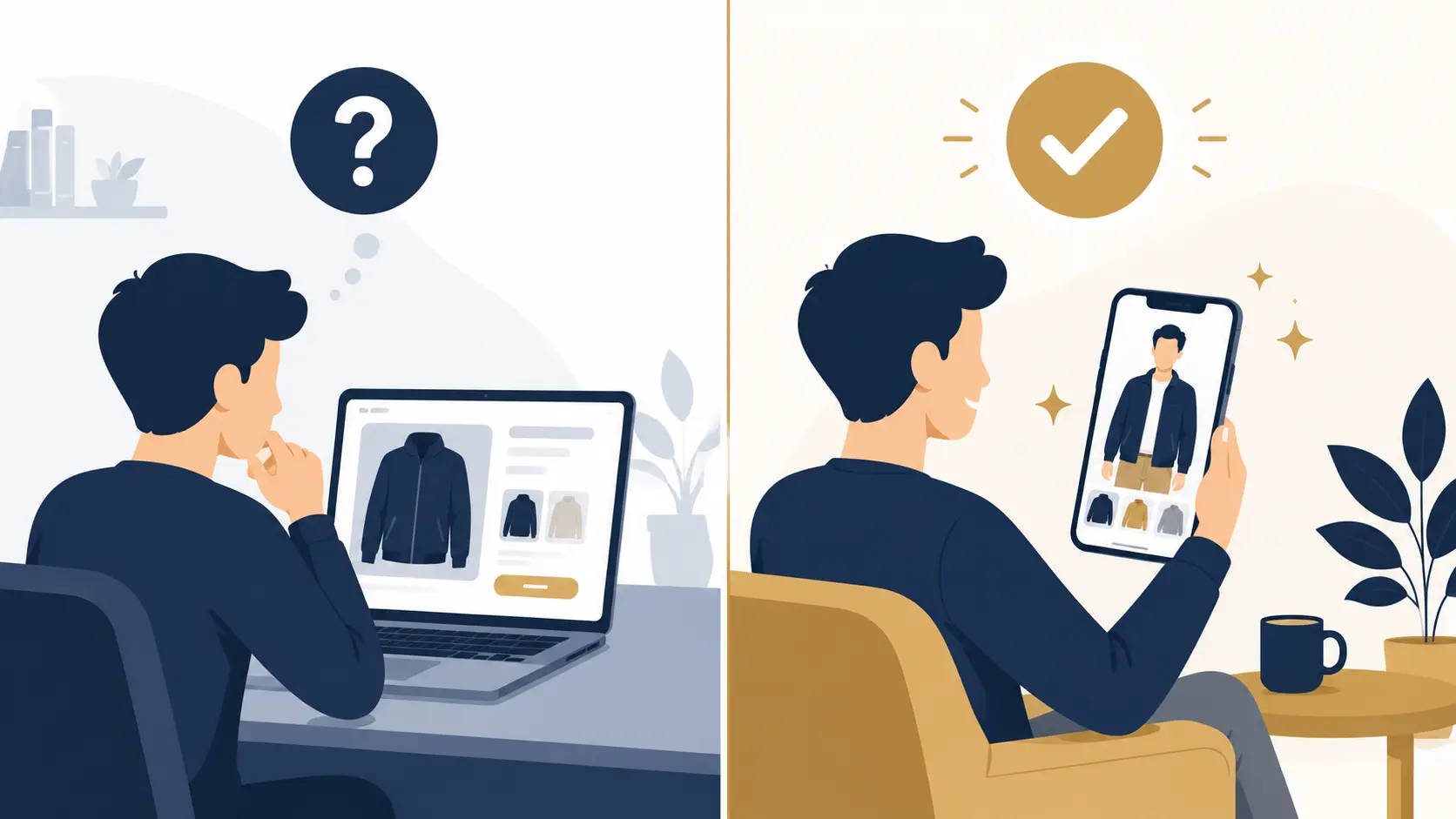 Comparison of traditional online shopping uncertainty versus confident buying with AI virtual try-on