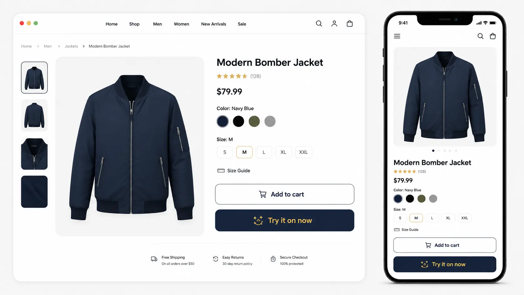 Shopify product page mockup showing optimal placement of the AI virtual try-on button near add-to-cart
