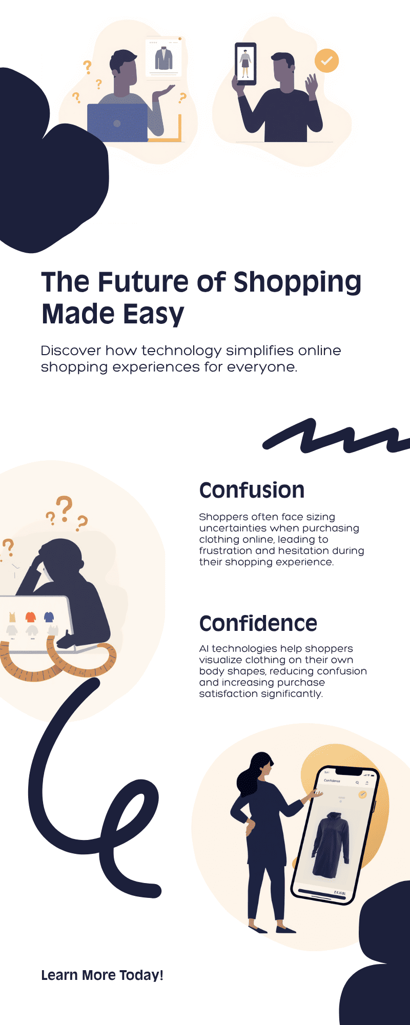 Comparison illustration showing a confused shopper looking at a clothing item on a laptop with sizing question marks, next to the same shopper confidently viewing an AI-generated virtual try-on preview of the garment fitted to their body on a phone screen