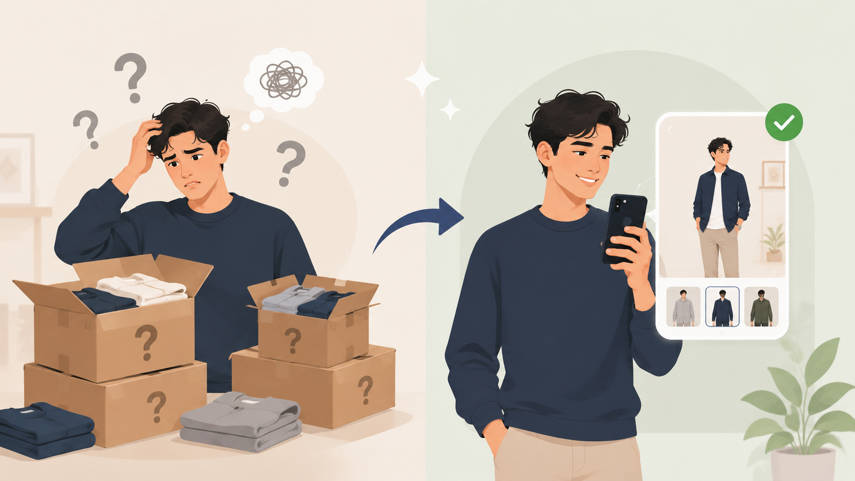 Split illustration showing shopper confusion from multiple size returns versus confidence using AI virtual try-on before buying