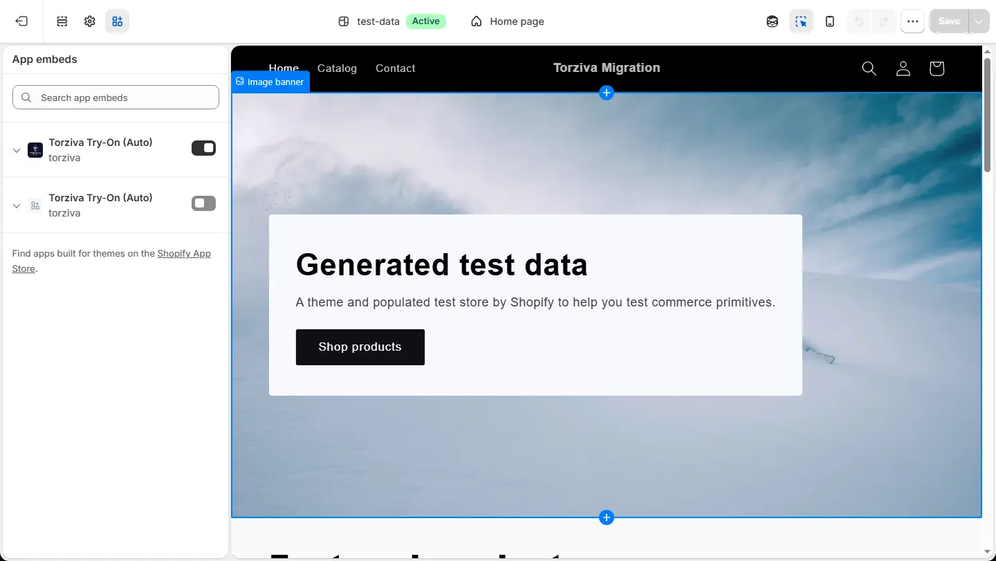 Turning on the Torziva app embed in Shopify theme settings Enabling the Torziva app embed toggle in the Shopify theme editor