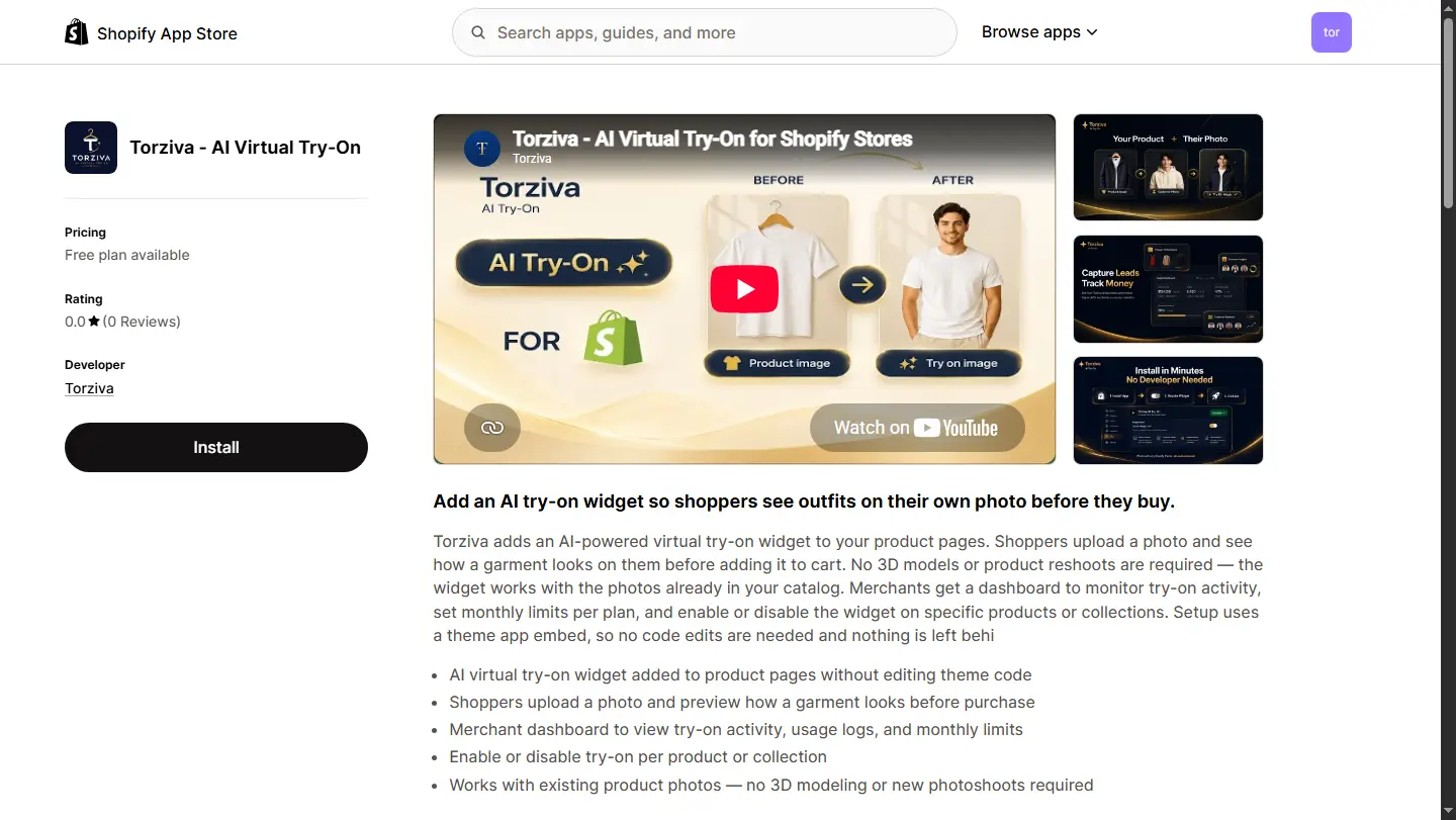 Torziva app listing page in the Shopify App Store Torziva AI virtual try-on app listing on the Shopify App Store