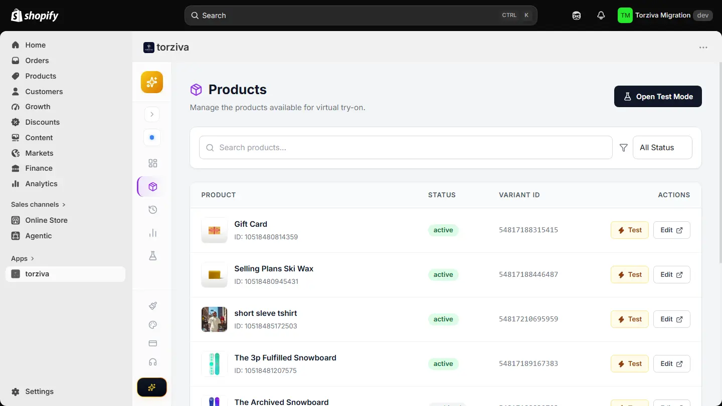 Torziva dashboard: enabling try-on by product or collection Torziva dashboard showing per-collection virtual try-on settings