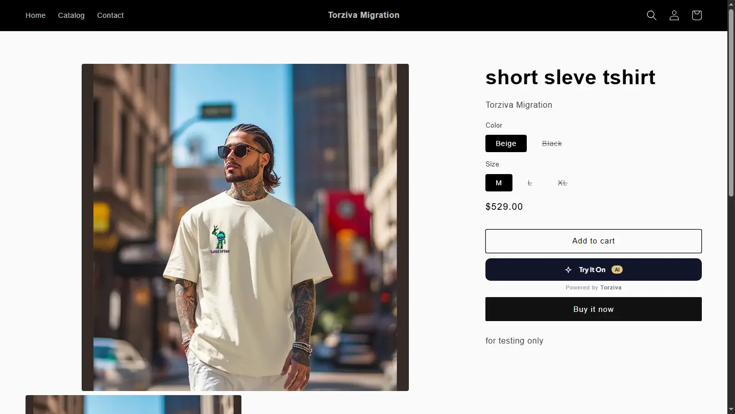 Live product page showing Torziva virtual try-on in action Shopify product page with Torziva AI virtual try-on button and result