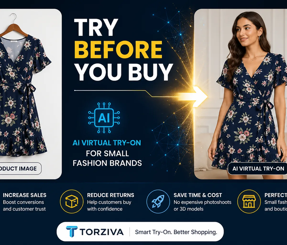 Affordable AI virtual try-on for small fashion brands showing product image transformed into model try-on using AI technology