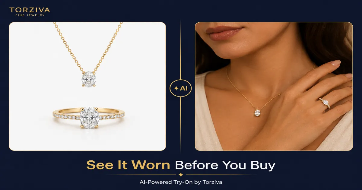 AI virtual jewelry try-on for small businesses showing necklace and ring on model using Torziva