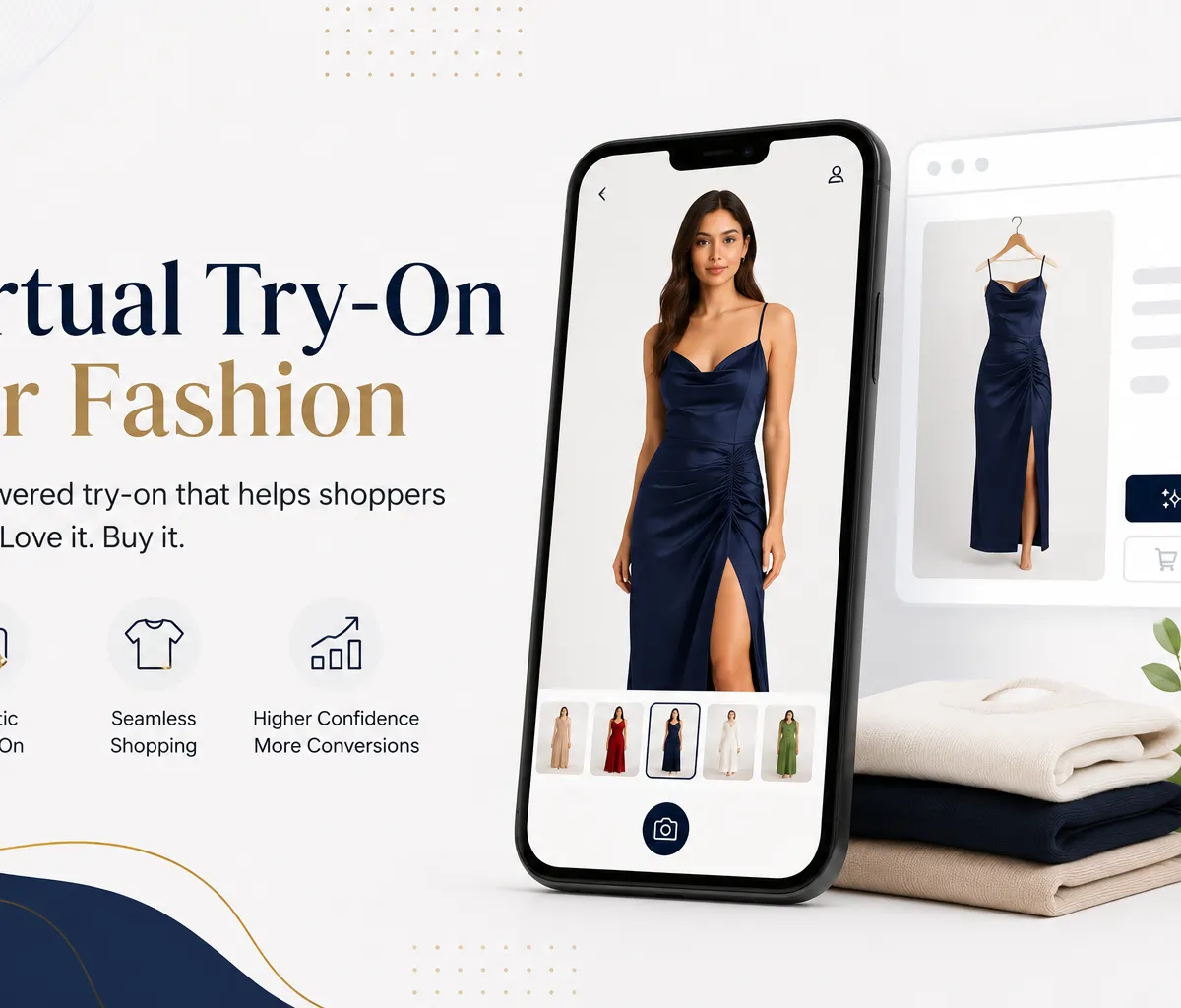 Modern AI virtual try-on fashion app cover image showing a smartphone with a woman modeling a navy blue dress, surrounded by minimalist e-commerce UI elements, folded clothing, and elegant navy and gold design accents on a clean white background.