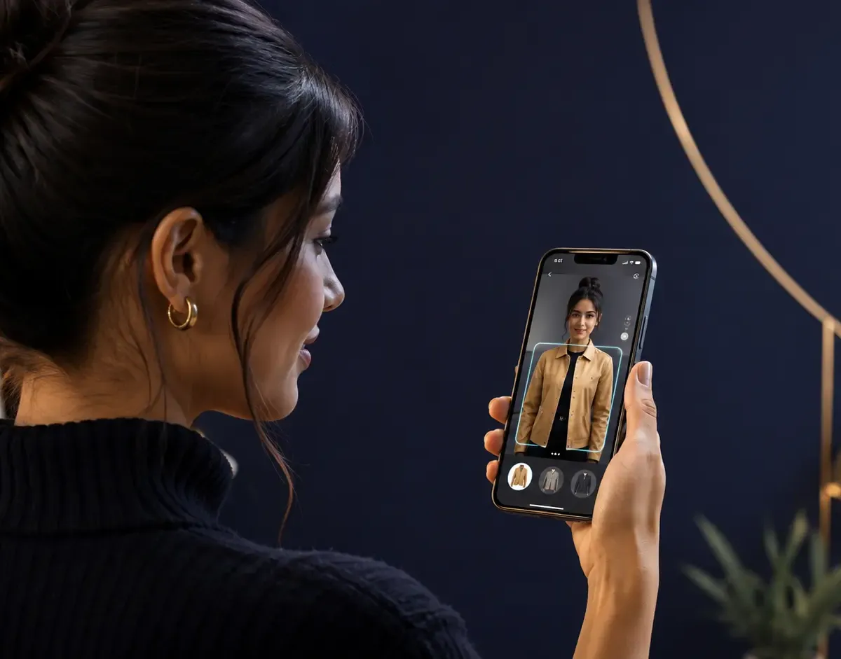 AI virtual try-on preview on smartphone showing Shopify shopper checking product fit before buying