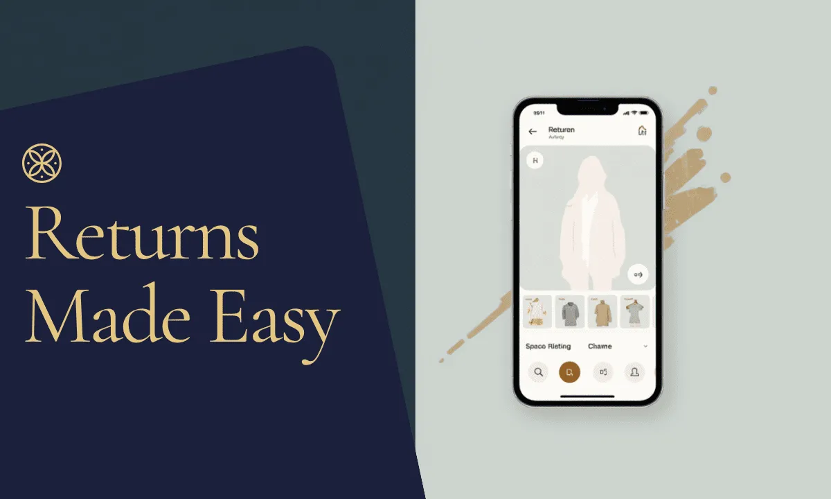 Split illustration comparing a stack of open cardboard return boxes with folded clothes on one side and an AI virtual try-on interface on a smartphone showing a garment fitted on a body silhouette on the other side, representing the shift from clothing returns to virtual try-on technology