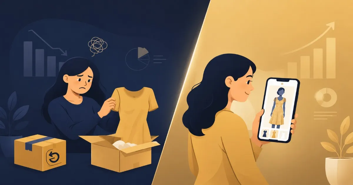 Illustration comparing a fashion shopper returning clothing versus using AI virtual try-on to confidently preview fit before buying