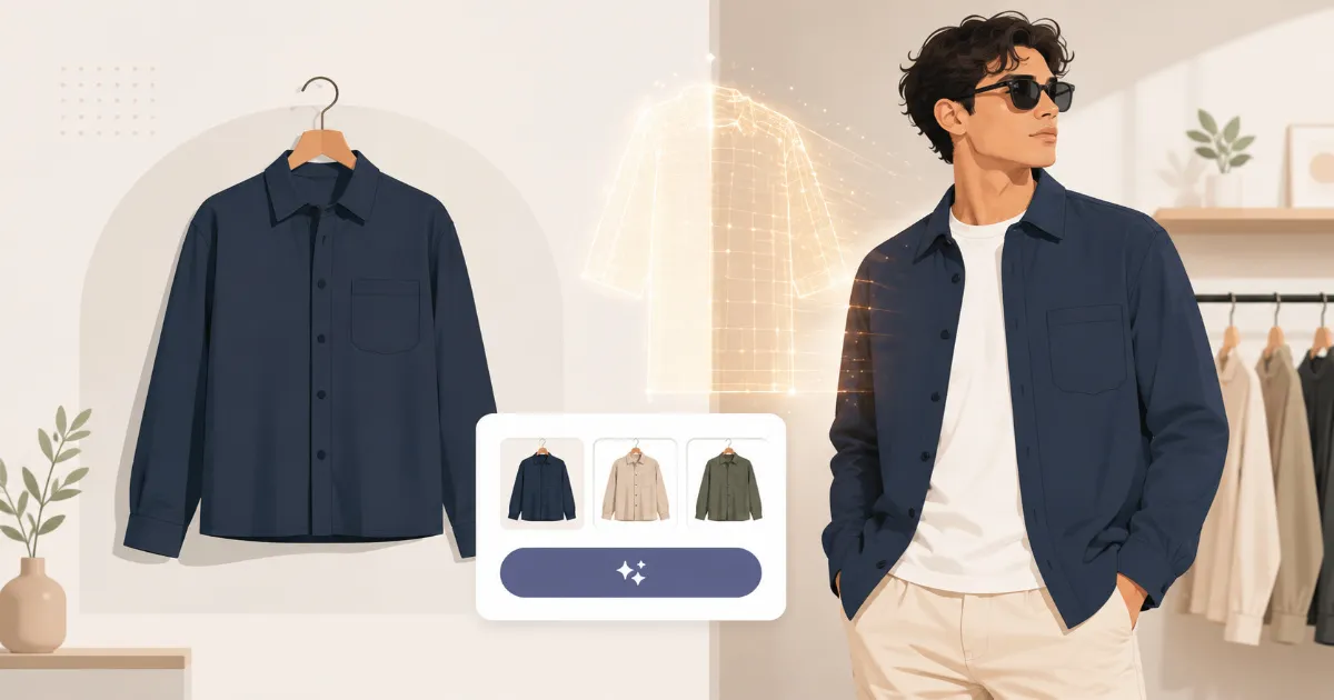 AI virtual try-on app interface showing a fashion product rendered onto a customer photo, illustrating how D2C brands use AI try-on to reduce returns