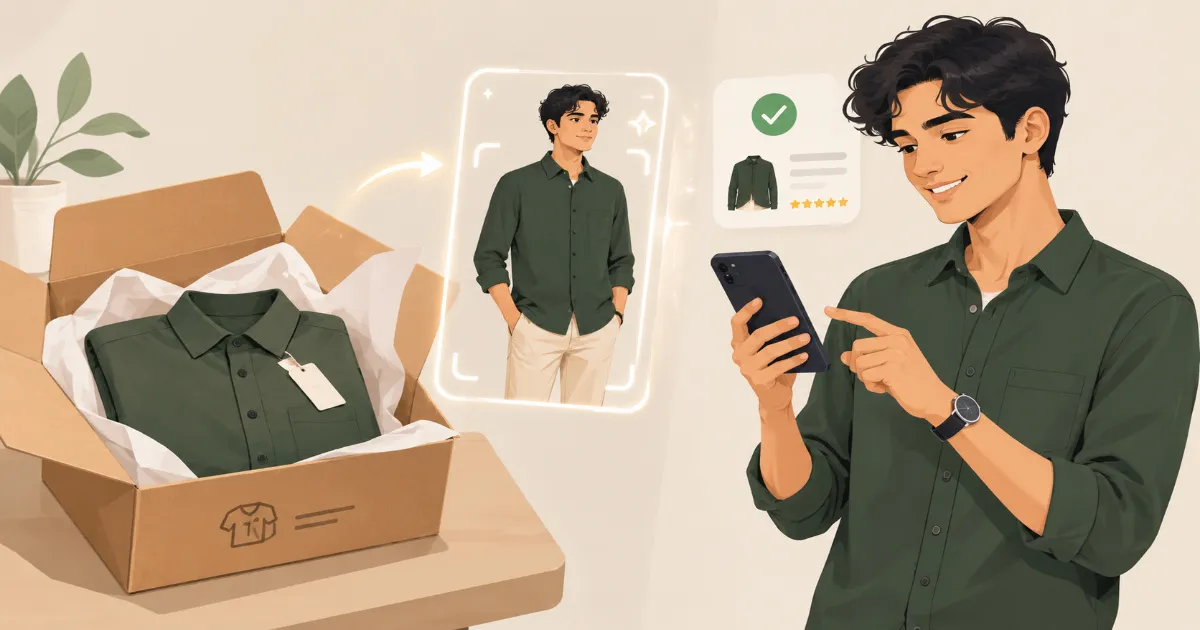 Illustration comparing a returned clothing package with a customer using an AI virtual try-on app on Shopify to reduce returns