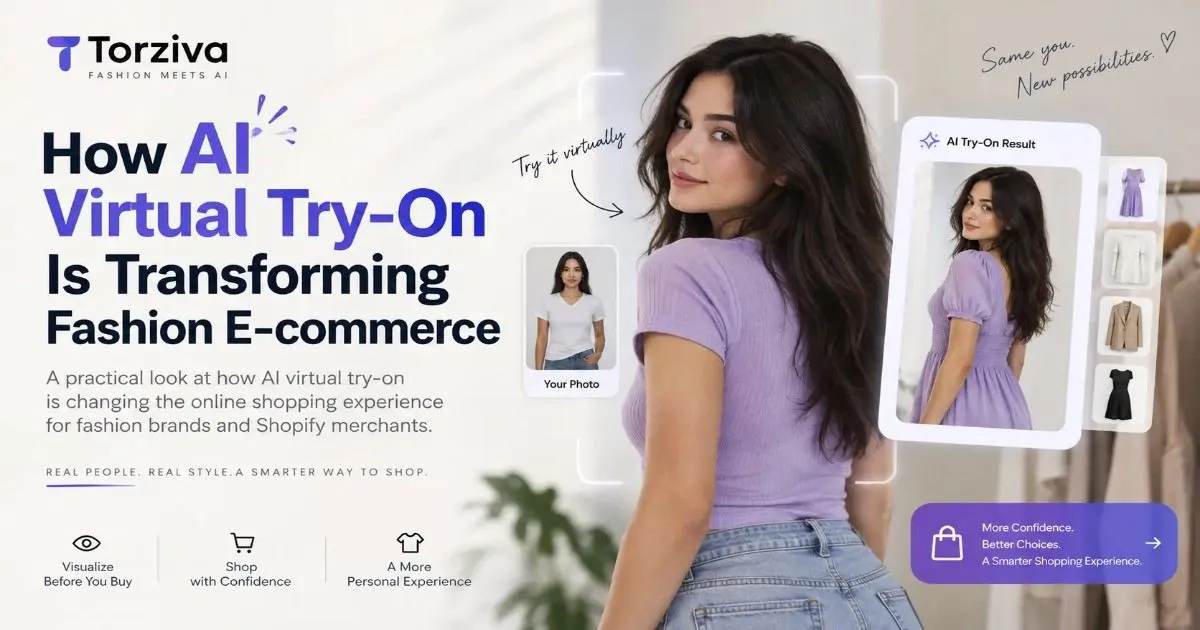 AI virtual try-on transforming fashion e-commerce with a shopper previewing clothing using AI technology